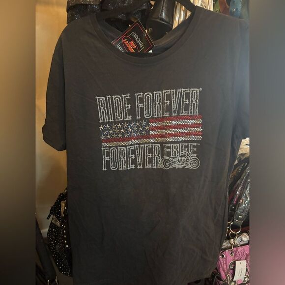 Hot Leathers Tops - Hot Leathers Ride Forever Blingy Patriotic Tee